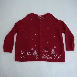 Vintage CJ Banks Maroon Embroidered Winter Cabin Knit Cardigan Sweater XL